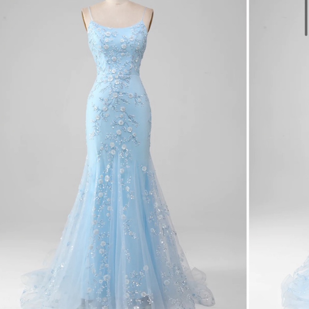 Light Blue Mermaid Lace Floral Prom dress